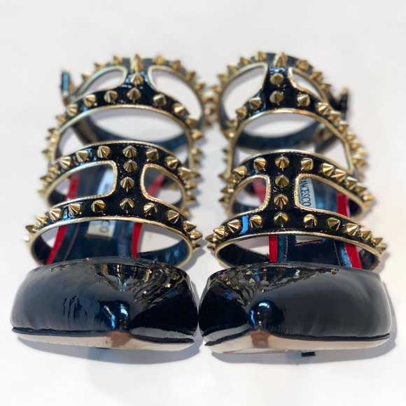 Francesco Sacco Black Patent w/Gold Studs & Red Trim, Ankle Strap, Sz 7.5, Italy - Picture 11 of 15